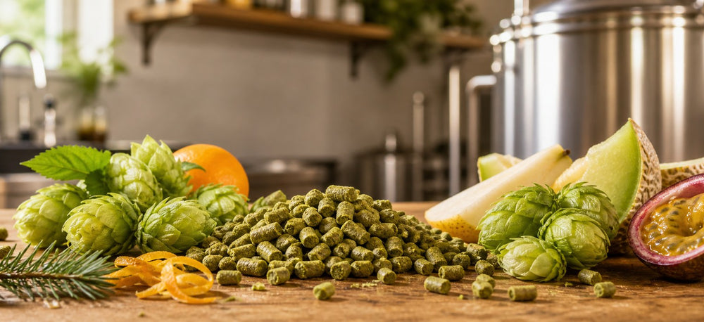 Celeste hops brewing profile with hop pellets, citrus, melon, passion fruit, pear, and pine aroma references