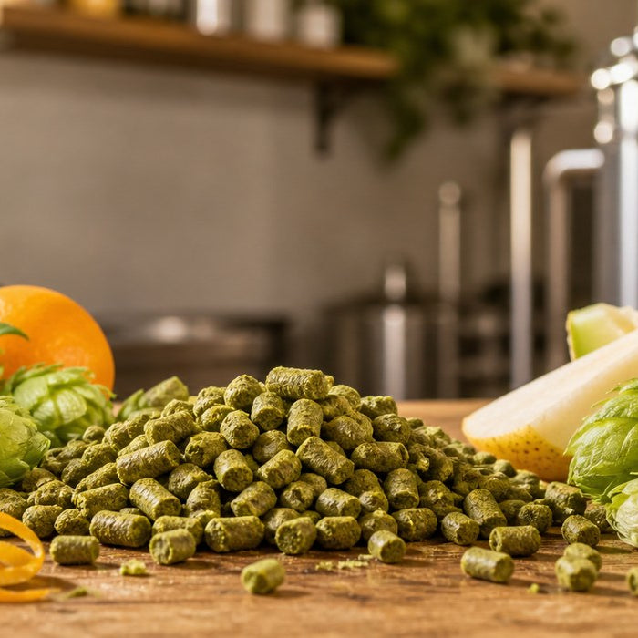 Celeste hops brewing profile with hop pellets, citrus, melon, passion fruit, pear, and pine aroma references