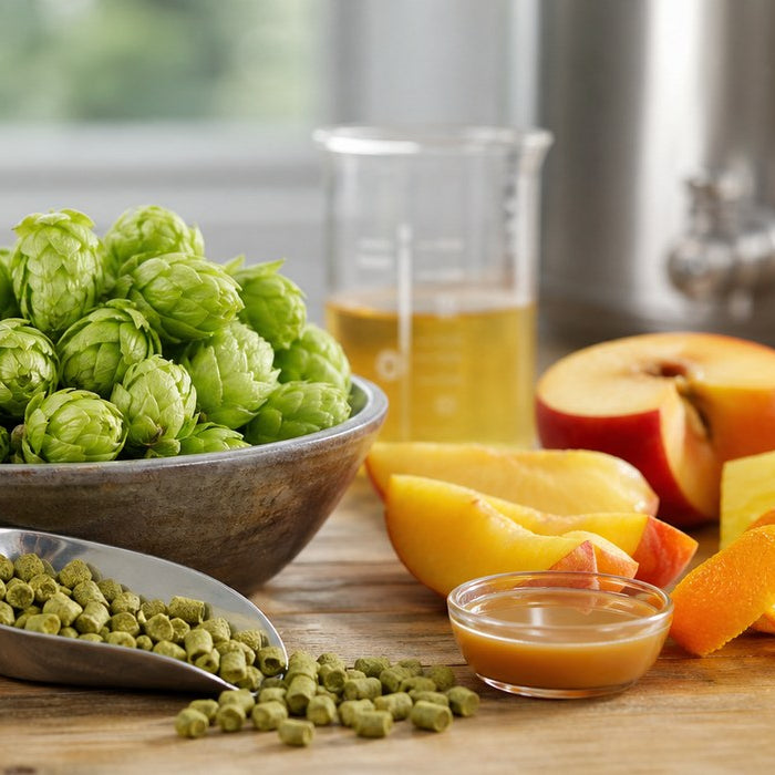 Dolcita HBC 1019 hops brewing profile with hop cones, pellets, peach, pineapple, orange peel, and sweet tropical aroma references