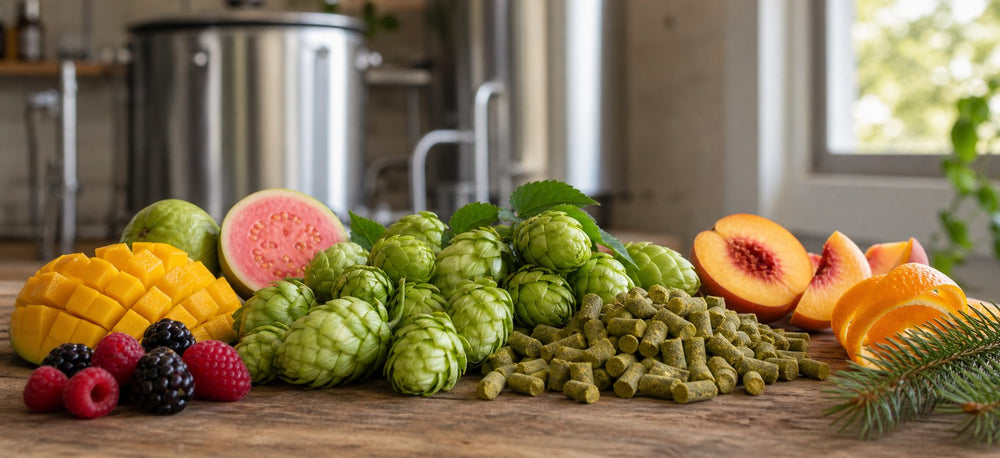 Krush HBC 586 hops brewing profile with hop cones, pellets, mango, guava, orange, peach, berries, and resin aroma references