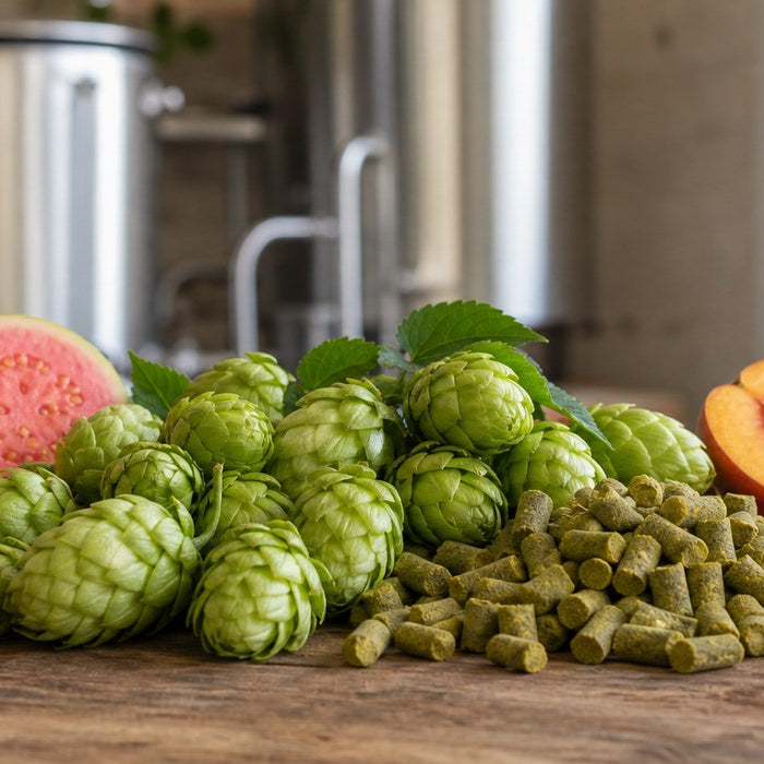 Krush HBC 586 hops brewing profile with hop cones, pellets, mango, guava, orange, peach, berries, and resin aroma references