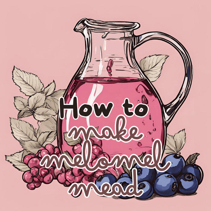 Beautiful jug of Melomel mead featuring the ingredients blueberries and raspberries that are used in this fruited style of mead. The caption reads "How to Make Melomel Mead".