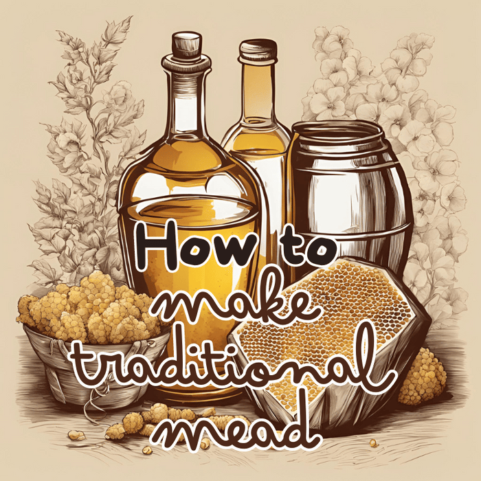 A jug of traditional style mead alongside the ingredients to make it, honey comb and water. The captions reads "How to make Traditional Mead".