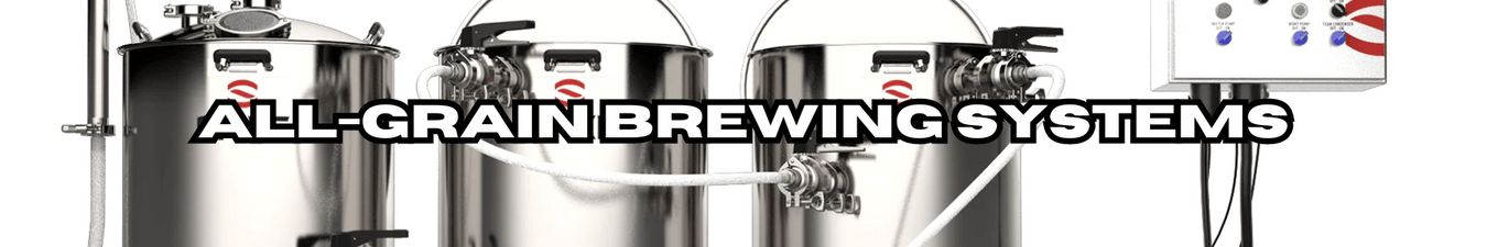 Closeup of the Spike Trio All-Grain Brewing System, the header text reads "All-Grain Brewing Systems".