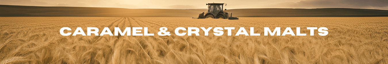 Header image of a field of barley being harvested. The section title reads "Caramel & Crystal Malts".