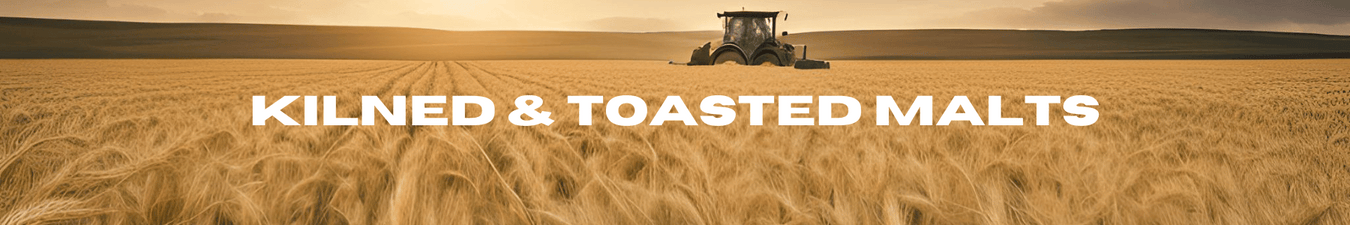 Header image of a field of barley being harvested. The section title reads "Kilned & Toasted Malts".