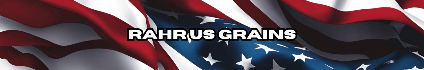 Zoomed in image of a waving US flag with the caption that reads "Rahr US Grains".