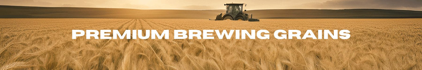 Header image of a field of barley being harvested. The section title reads "Premium Brewing Grains".