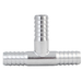 5/16" Stainless Steel Barbed 3-Way Tee for splitting gas lines, head on view.
