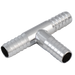5/16" Stainless Steel Barbed 3-Way Tee for splitting gas lines, angled view, laying down.