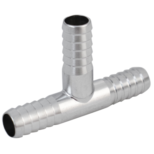 5/16" Stainless Steel Barbed 3-Way Tee for splitting gas lines, angled view, standing upright.