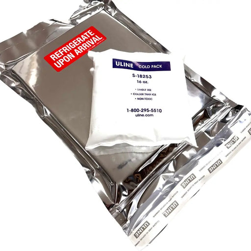 Uline cold pack with 'Refrigerate Upon Arrival' label on a white background
