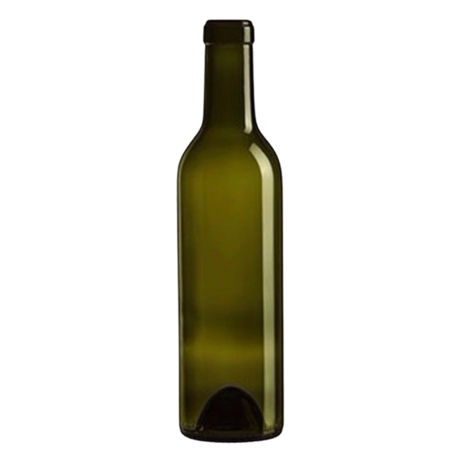 Amber colored glass wine bottle, in the Bordeaux style, 375 ml volume, comes in a case of 24 bottles.