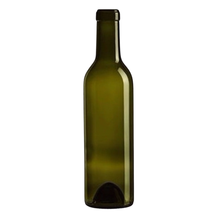 Antique Green colored glass wine bottle, in the Bordeaux style, 375 ml volume, comes in a case of 24 bottles.