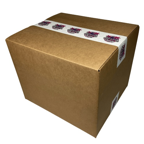 A large sealed cardboard case containing 50 empty 16 ounce aluminum cans.