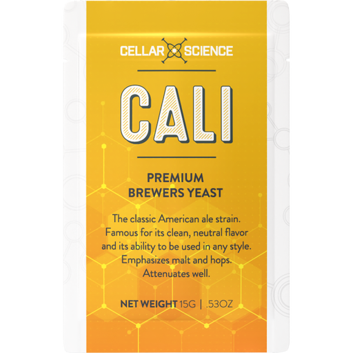CellarScience CALI 15 g dry yeast sachet front label.