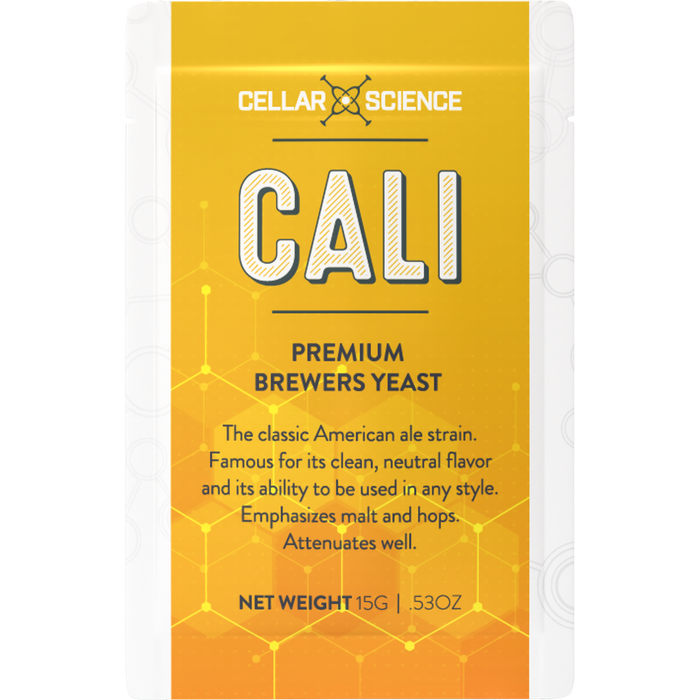 CellarScience CALI 15 g dry yeast sachet front label.