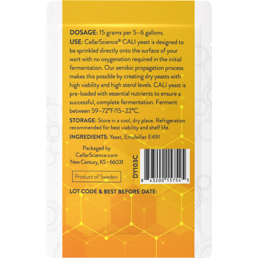 CellarScience CALI 15 g dry yeast sachet back label with dosage and barcode.