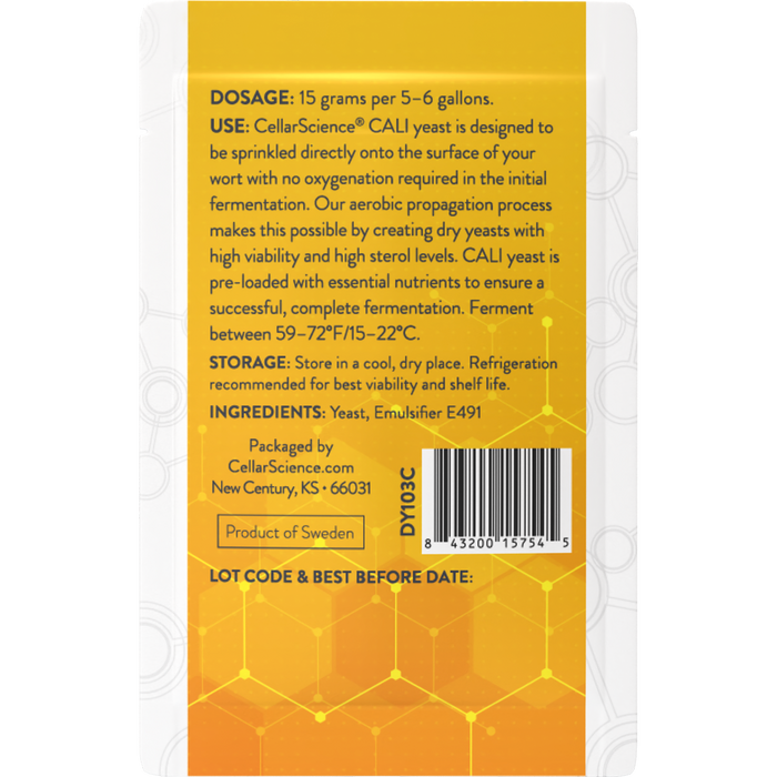CellarScience CALI 15 g dry yeast sachet back label with dosage and barcode.