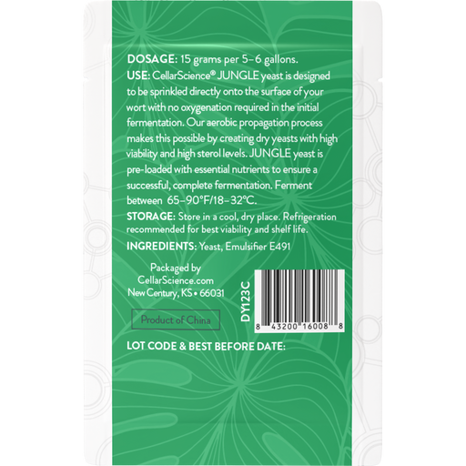 CellarScience JUNGLE 15 g dry yeast sachet back label with dosage and barcode.