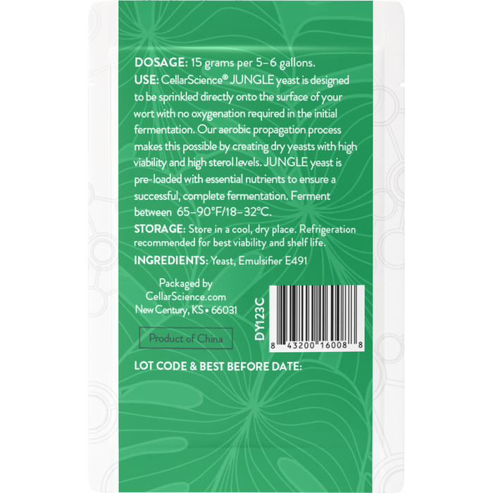 CellarScience JUNGLE 15 g dry yeast sachet back label with dosage and barcode.