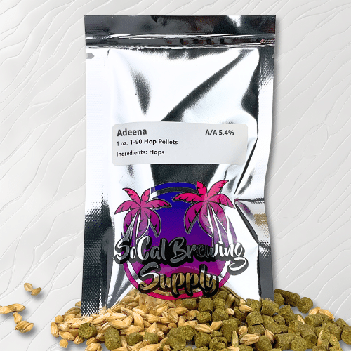 Silver vacuum-sealed bag of Adeena® Hops Pellets Hops Pellets featuring the SoCal Brewing Supplies logo and a label specifying the hops attributes, ensuring freshness and protecting the vibrant aroma and flavor from light and air.