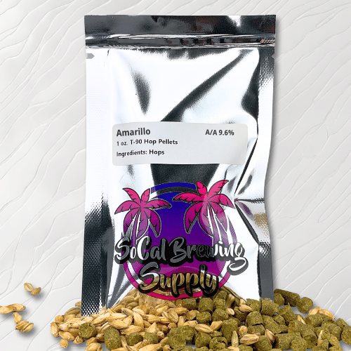 Silver vacuum-sealed bag of Cryo® Amarillo® Hops Pellets Hops Pellets featuring the SoCal Brewing Supplies logo and a label specifying the hops attributes, ensuring freshness and protecting the vibrant aroma and flavor from light and air.