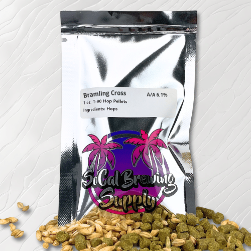 Silver vacuum-sealed bag of Bramling Cross Hops Pellets (UK) Hops Pellets featuring the SoCal Brewing Supplies logo and a label specifying the hops attributes, ensuring freshness and protecting the vibrant aroma and flavor from light and air.