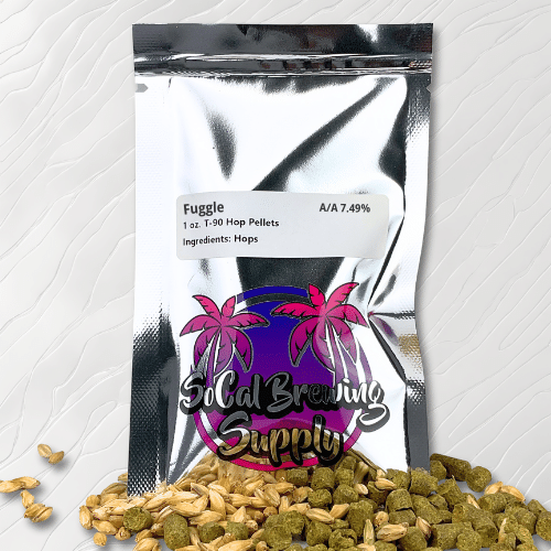 Silver vacuum-sealed bag of Fuggle Hops Pellets Hops Pellets featuring the SoCal Brewing Supplies logo and a label specifying the hops attributes, ensuring freshness and protecting the vibrant aroma and flavor from light and air.