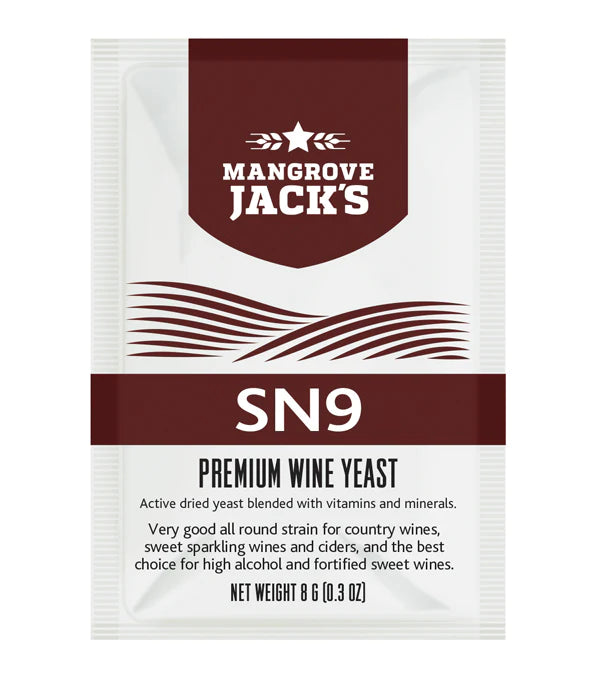 Mangrove Jack’s SN9 Premium Wine Yeast yeast packet  front view for homebrewing.