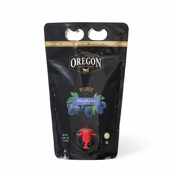 49 ounce sized black pouch of blackberry fruit puree from Oregon Fruit Purees. This features a spout for dispensing the liquid.