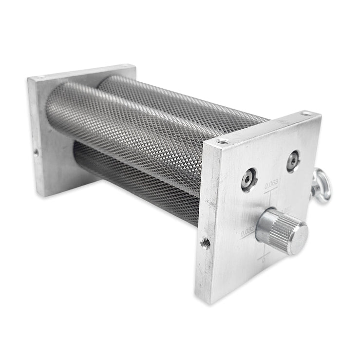 Close-up of KegLand MaltMuncher 3 roller grain mill knurled rollers