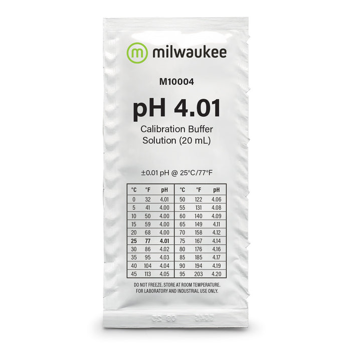 Milwaukee M10004 pH 4.01 single-use calibration sachet included in the two-buffer pair