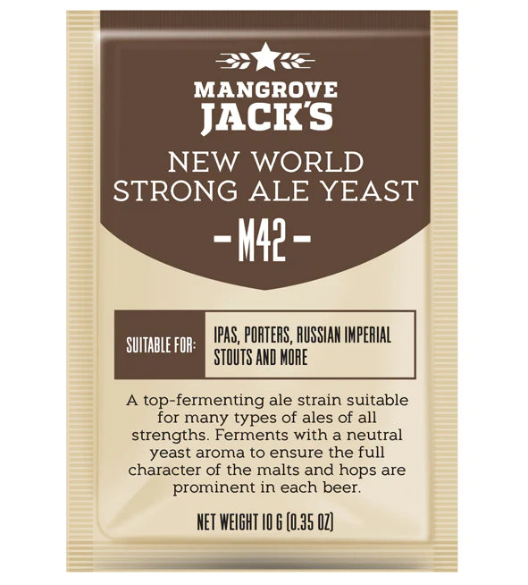 Mangrove Jack’s M42 New World Strong Ale Yeast yeast packet M42 front view for homebrewing.