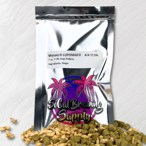 Silver vacuum-sealed bag of Cryo® Mosaic® Hops Pellets Hops Pellets featuring the SoCal Brewing Supplies logo and a label specifying the hops attributes, ensuring freshness and protecting the vibrant aroma and flavor from light and air.