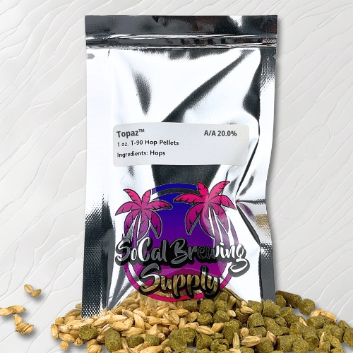 Silver vacuum-sealed bag of Topaz™ Hops Pellets (AU) Hops Pellets featuring the SoCal Brewing Supplies logo and a label specifying the hops attributes, ensuring freshness and protecting the vibrant aroma and flavor from light and air.