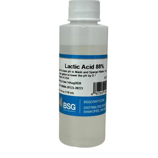 4 oz bottle of 88% Lactic Acid used to lower the pH of grain Mash to optimize for enzyme activity in beer making.