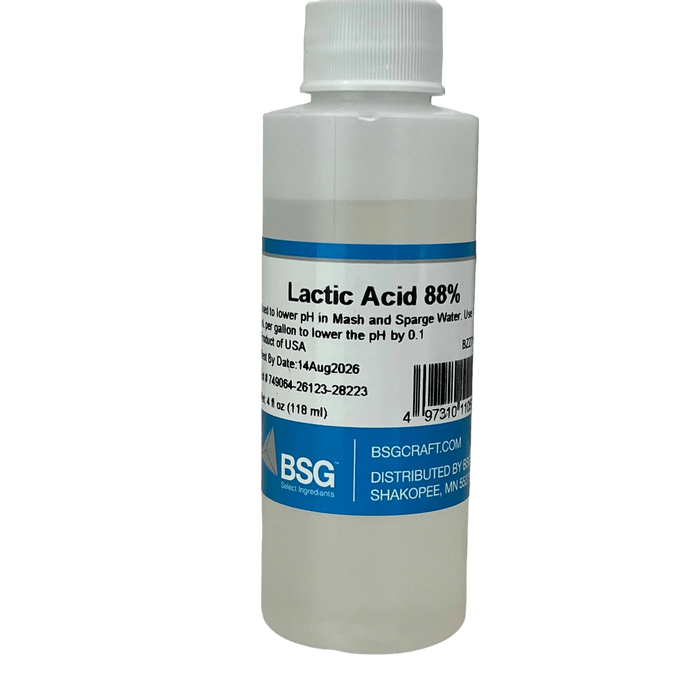 4 oz bottle of 88% Lactic Acid used to lower the pH of grain Mash to optimize for enzyme activity in beer making.