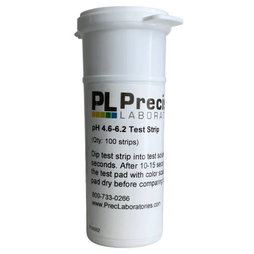 Bottle of pH test strips, intended to measure pH ranges between 4.6 - 6.2 ideal for most beers, front view.