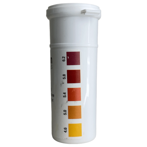 Bottle of pH test strips, intended to measure pH ranges between 4.6 - 6.2 ideal for most beers, legend view.