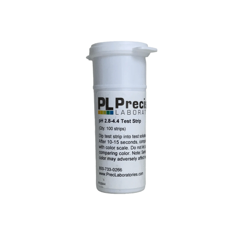 Bottle of pH test strips, intended to measure pH ranges between 2.8 - 4.4 ideal for wines and sour beers, front view.