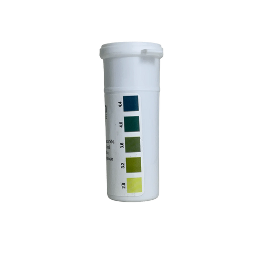 Bottle of pH test strips, intended to measure pH ranges between 2.8 - 4.4 ideal for wines and sour beers, view of test strip legend.