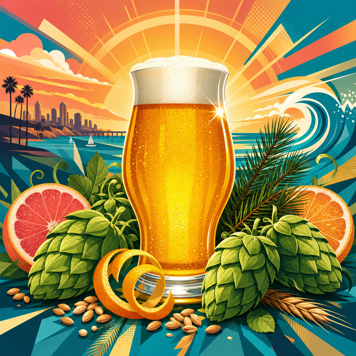 San Diego West Coast IPA clone recipe kit artwork with golden IPA, citrus peel, piney hops, and coastal sunset color