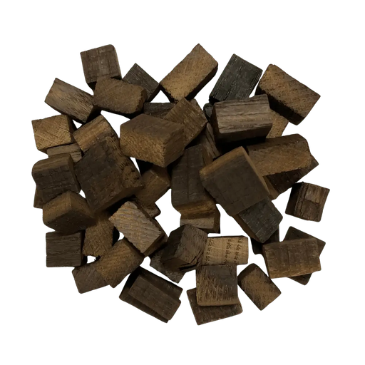 Pile of dark brown American Oak, Medium Plus toasted wooden cubes for wine, mead, cider, beer and spirits.