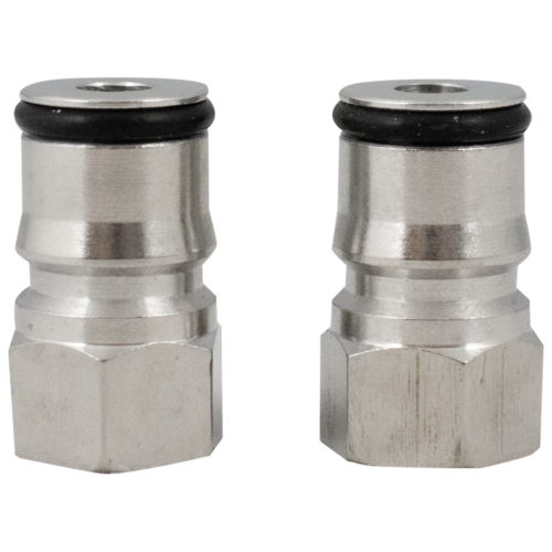 Two Ball Lock Posts for Kegs, these are the Beverage Out or Liquid side connectors, up close view.