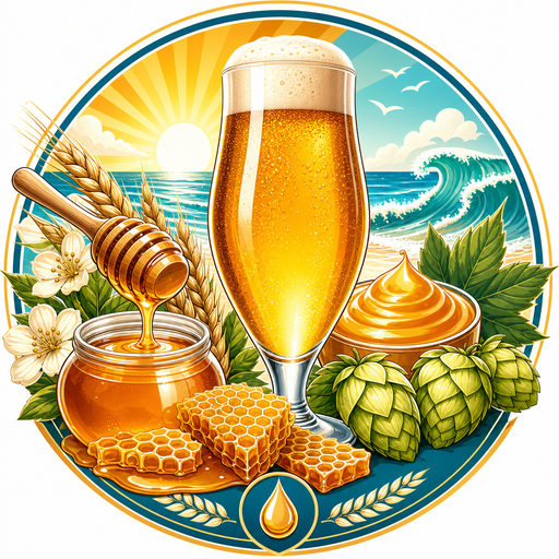 Imperial honey blonde ale extract clone kit artwork with golden beer, honeycomb, coastal sunshine, floral hops, and malt extract