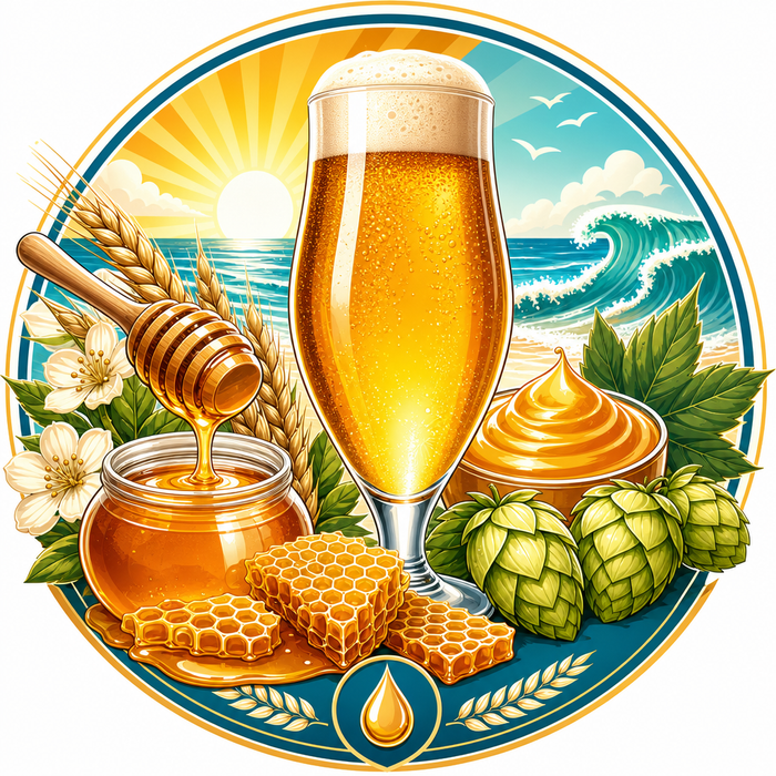 Imperial honey blonde ale extract clone kit artwork with golden beer, honeycomb, coastal sunshine, floral hops, and malt extract