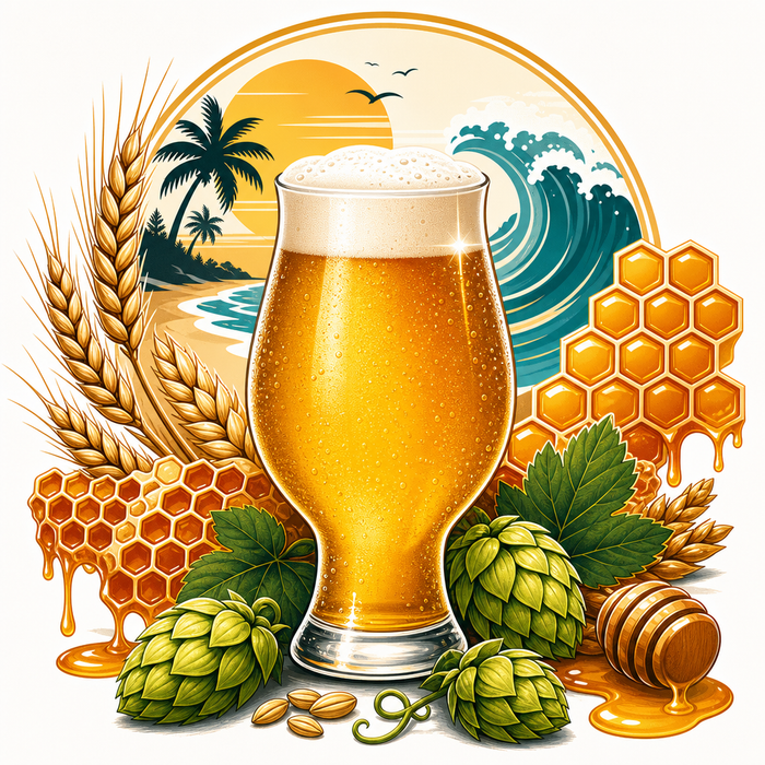 Imperial honey blonde ale all-grain recipe kit illustrated artwork with golden beer, honeycomb, hops, and coastal sunshine