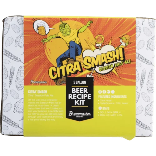 The Brewmaster Citra Smash session Pale Ale beer recipe kit, a fantastic single hop beer showcase the fantastic notes Citra hops has to offer. Head on view of the packaging's front.