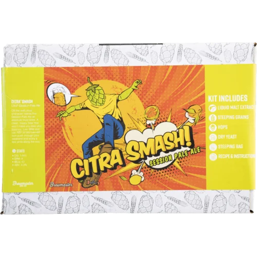 The Brewmaster Citra Smash session Pale Ale beer recipe kit, a fantastic single hop beer showcase the fantastic notes Citra hops has to offer. Head on view of the packaging's side.